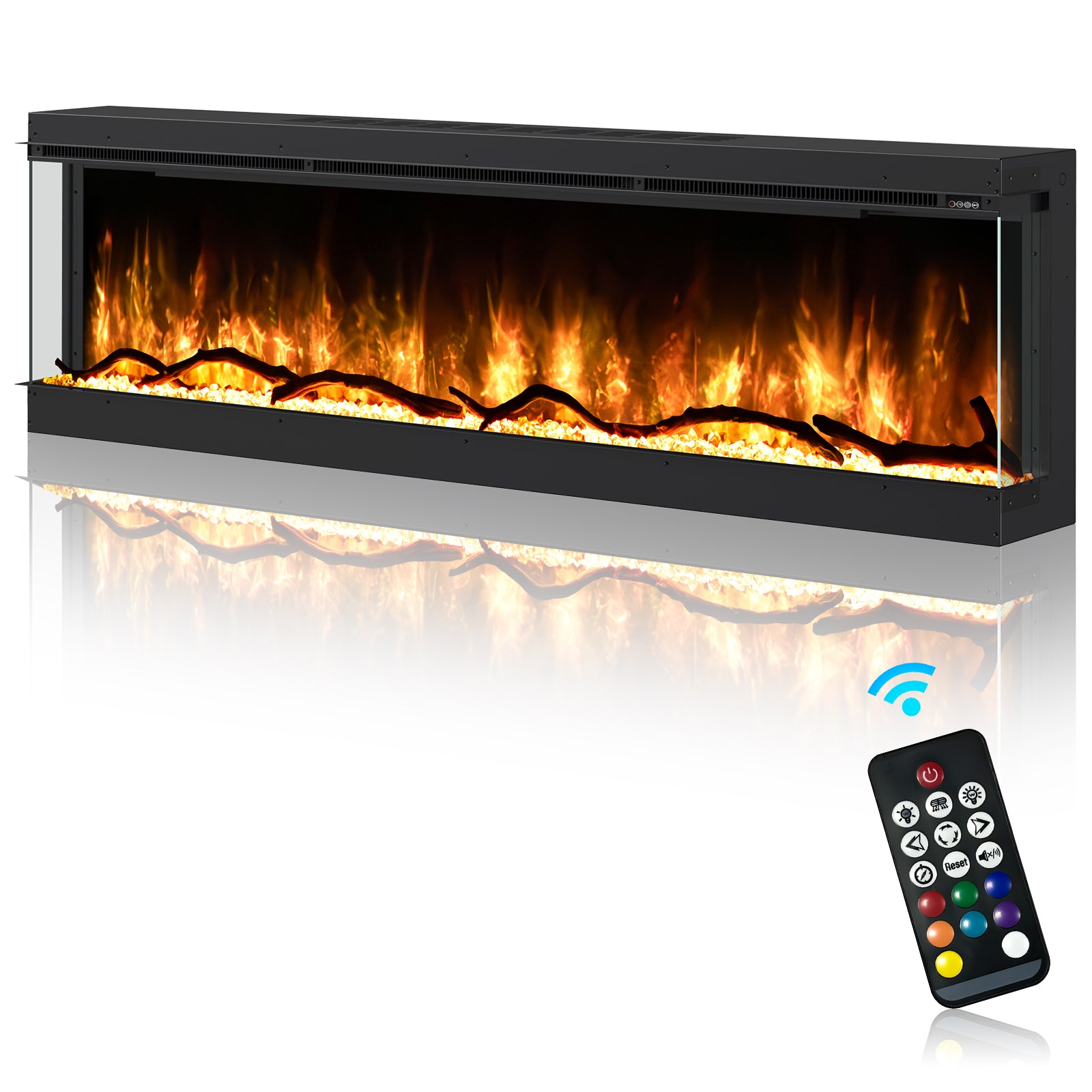 Inserts 3-Sided Electric Fireplace 60-inch Long Modern Eletric Fire Place Space Heater for Indoor Living Room Bedroom Use, Realistic Led Flame Color with Remote Control, Log & Crystals, Black