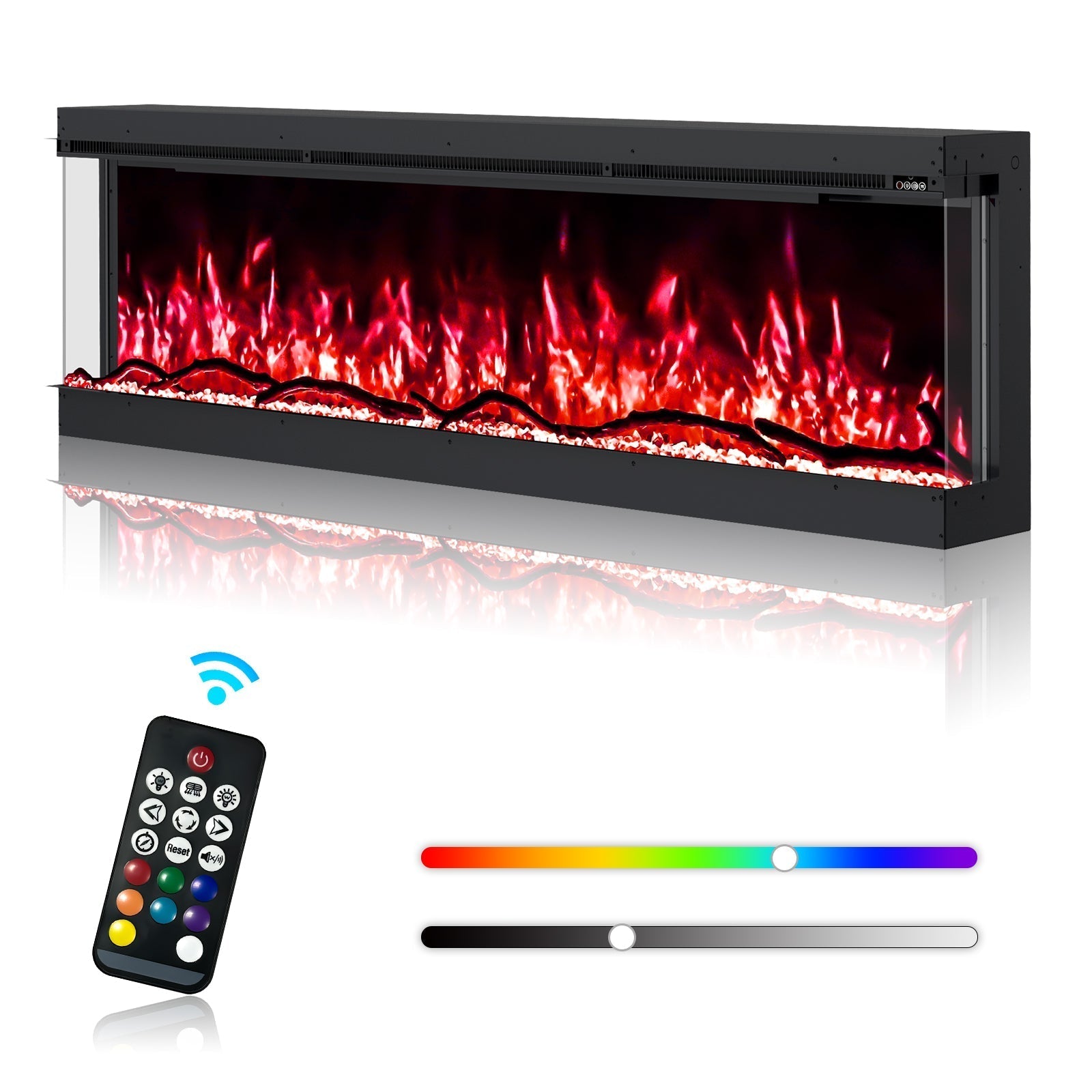 Inserts 3-Sided Electric Fireplace 80-inch Long Modern Eletric Fire Place Space Heater for Indoor Living Room Bedroom Use, Realistic Led Flame Color with Remote Control, Log & Crystals, Black