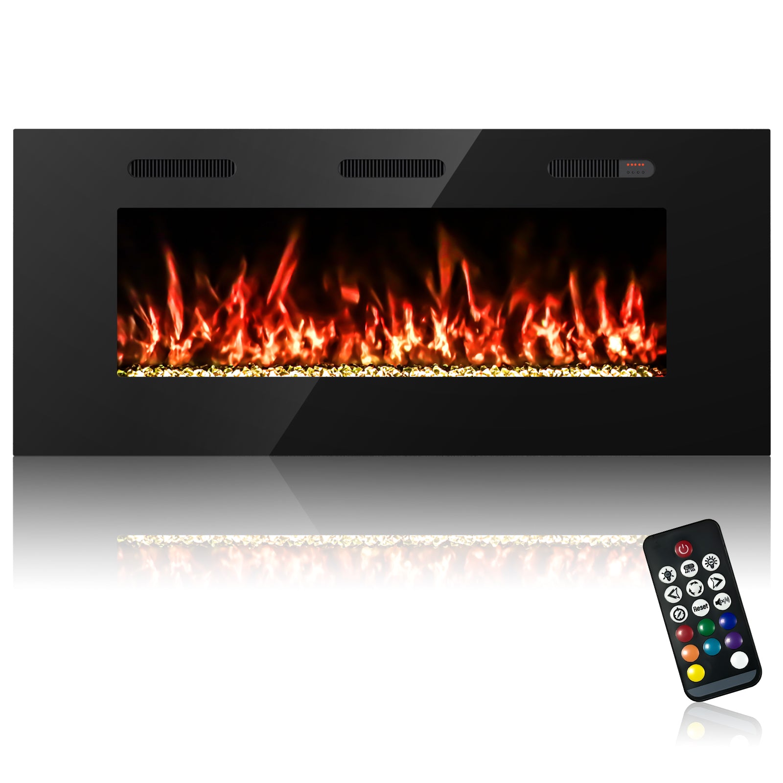 50-inch Ultra Thin Wall Mounted Electric Fireplace Heater, Modern Fire Place Eletric Fireplace for Indoor Living Room Bedroom Use, Realistic LED Flame with Remote Control, Crystals, Black