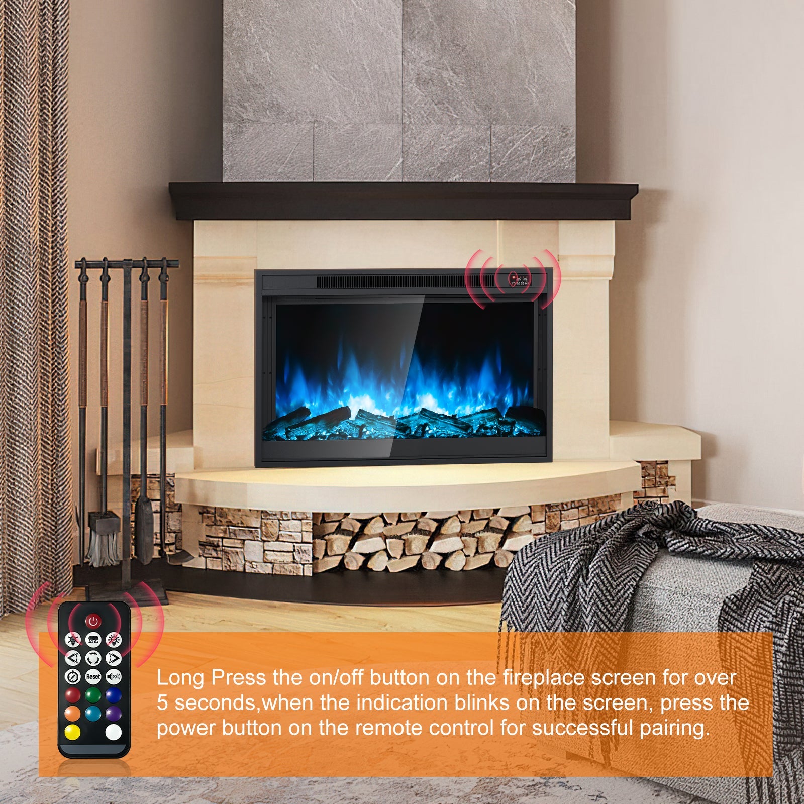 Electric Fireplace Inserts 33-inch Fire Place Eletric Fireplace Heater, Realistic LED Flame with Infrared Remote Control and Logs for Existing Living Space Room, Black