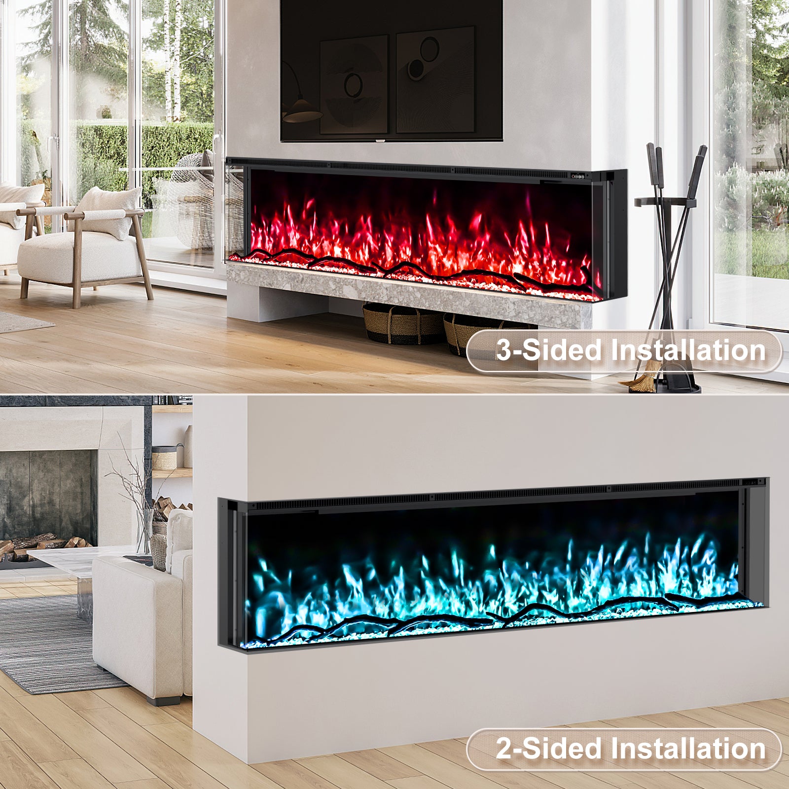 Inserts 3-Sided Electric Fireplace 50-inch Long Modern Eletric Fire Place Space Heater for Indoor Living Room Bedroom Use, Realistic Led Flame Color with Remote Control, Log & Crystals, Black