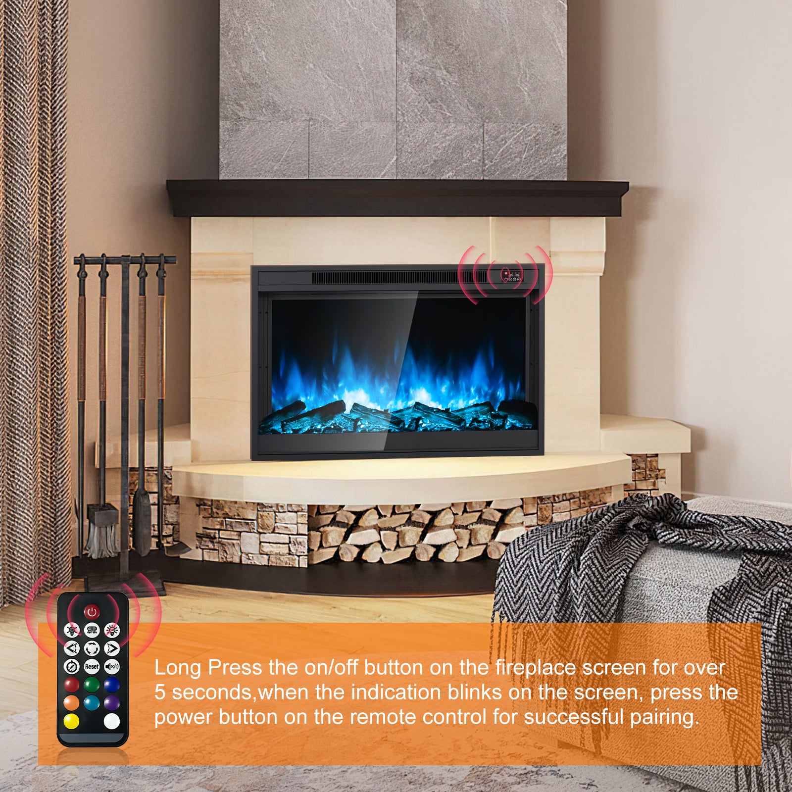 Electric Fireplace Inserts 24 inch Fire Place Eletric Fireplace Heater, Realistic LED Flame with Infrared Remote Control and Logs for Existing Living Space Room, Black