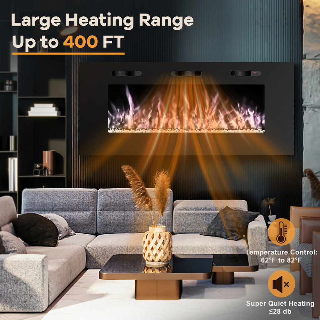 50-inch Ultra Thin Wall Mounted Electric Fireplace Heater, Modern Fire Place Eletric Fireplace for Indoor Living Room Bedroom Use, Realistic LED Flame with Remote Control, Crystals, Black