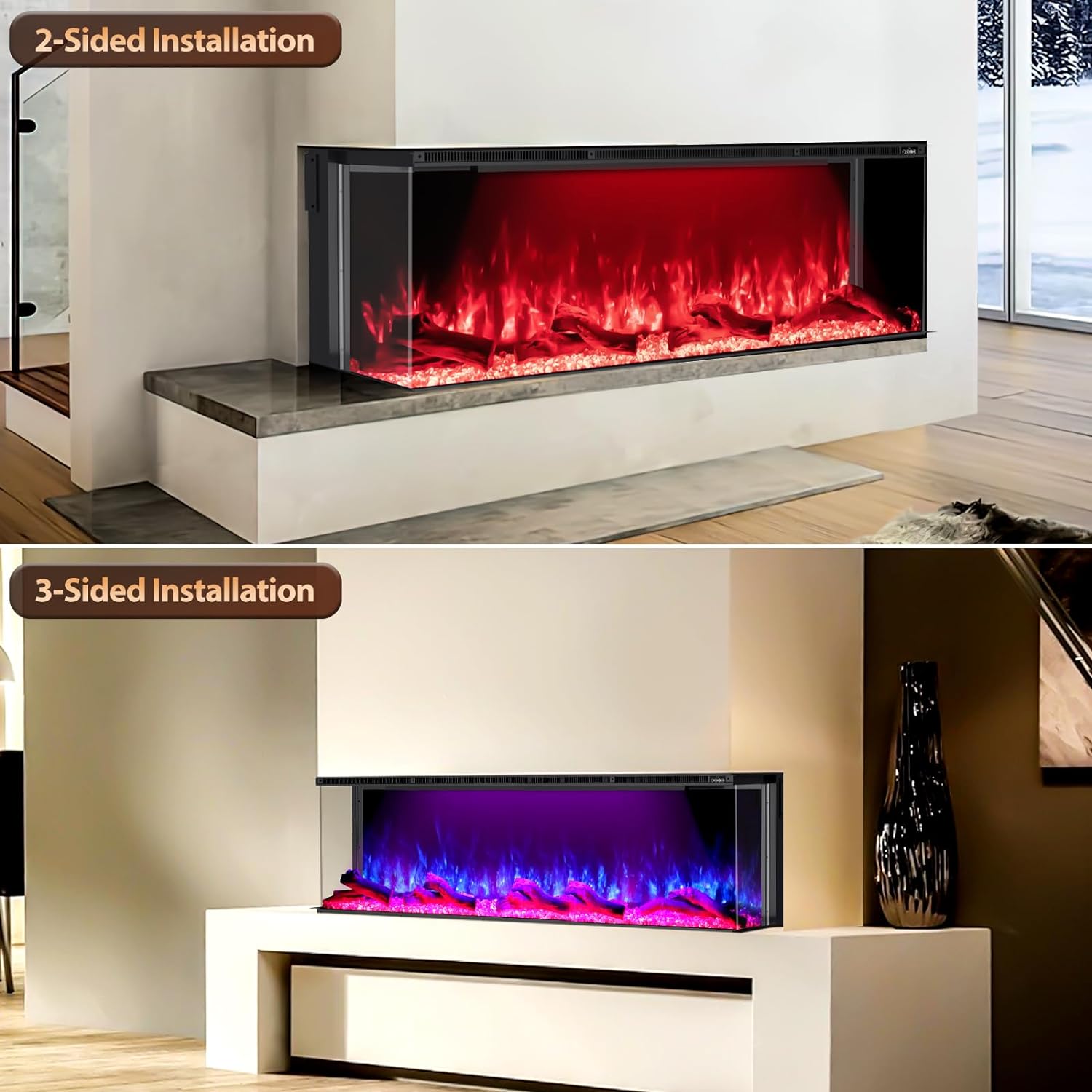 Recessed 3-Sided Electric Fireplace, 100-inch Smart WiFi 251 Flame Colors Combination Inserts Eletric Fire Place Heater for Living Room Indoor Use with Remote Control, Log & Crystals, Black