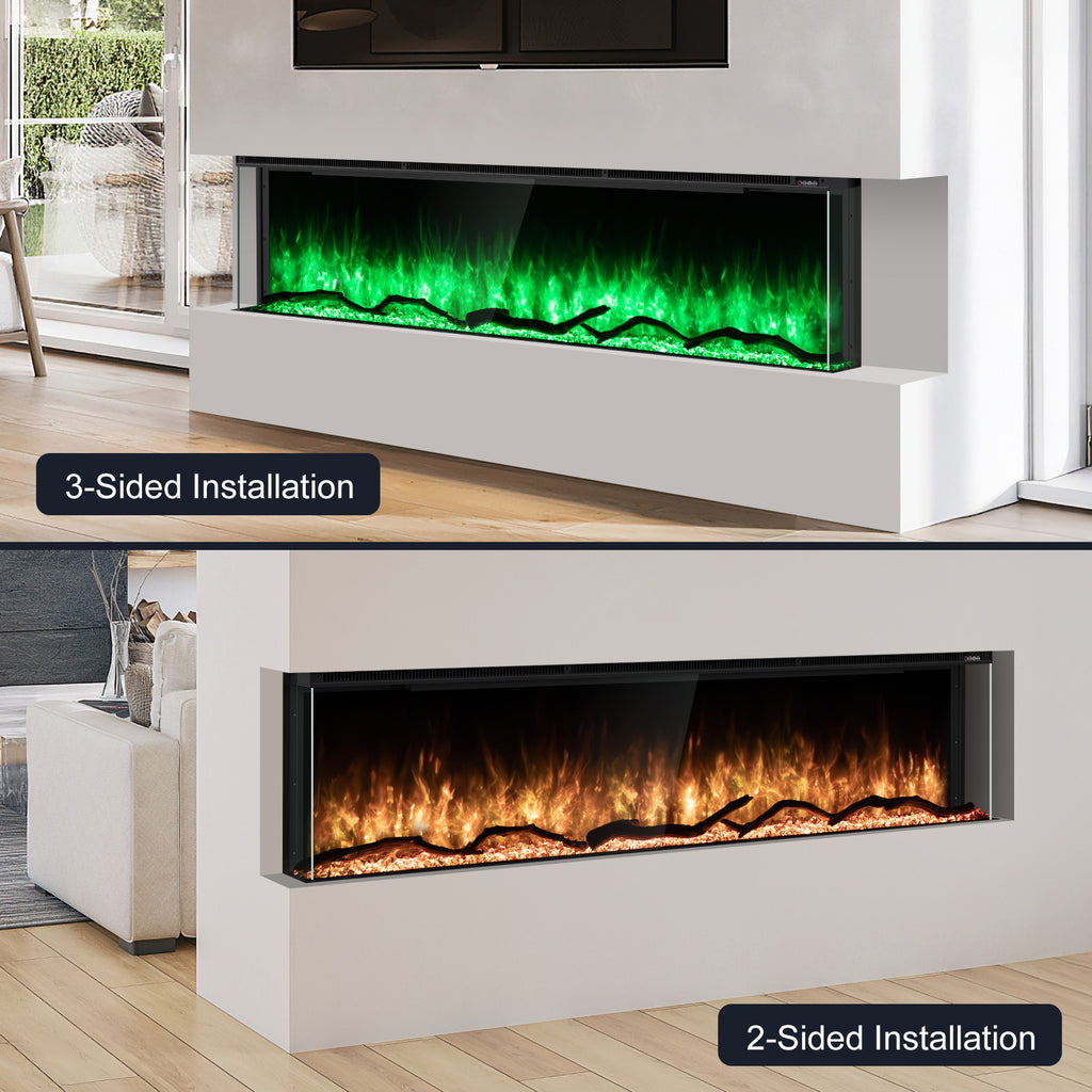 Inserts 3-Sided Electric Fireplace 80-inch Long Modern Eletric Fire Place Space Heater for Indoor Living Room Bedroom Use, Realistic Led Flame Color with Remote Control, Log & Crystals, Black
