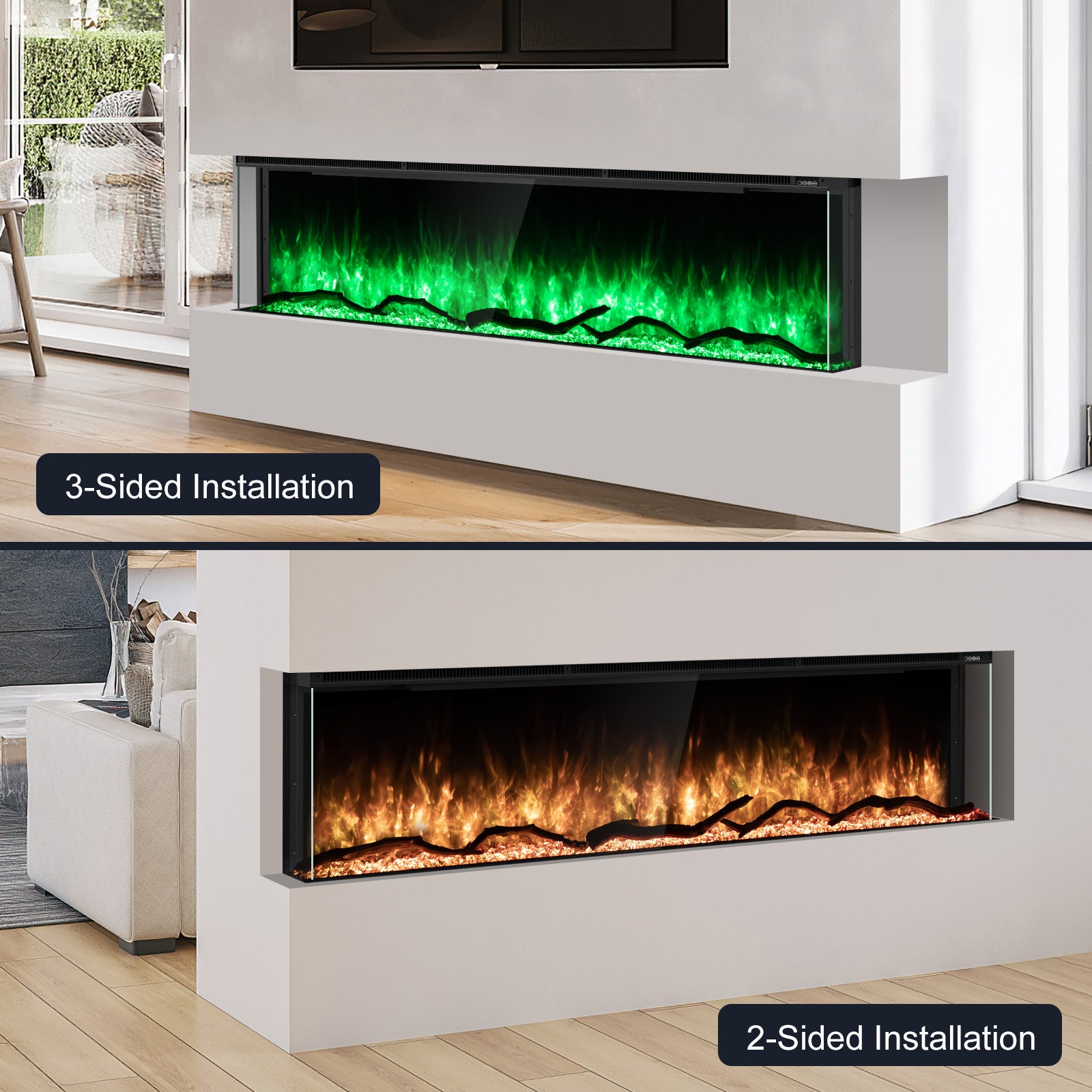 Inserts 3-Sided Electric Fireplace 80-inch Long Modern Eletric Fire Place Space Heater for Indoor Living Room Bedroom Use, Realistic Led Flame Color with Remote Control, Log & Crystals, Black
