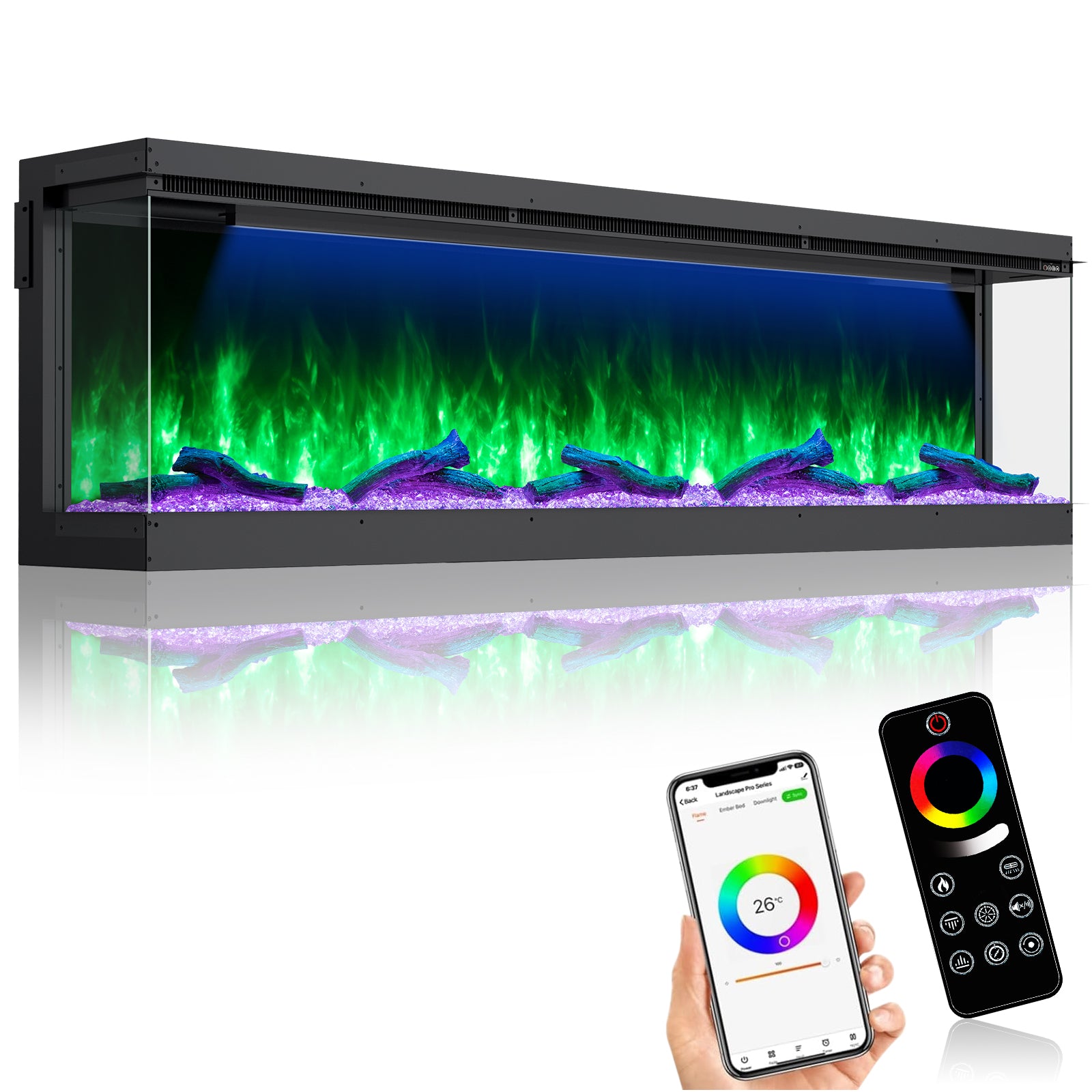 60-Inch 3-Sided Recessed Electric Fireplace with 8-Color Realistic LED Flames, Remote Control, 750W/1500W Dual Heat Quiet Heater for Large Room, ETL Certified, Modern Black