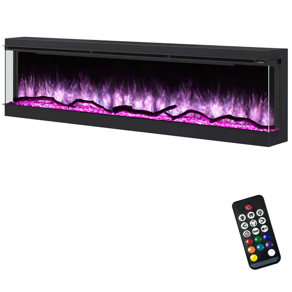 Inserts 3-Sided Electric Fireplace 80-inch Long Modern Eletric Fire Place Space Heater for Indoor Living Room Bedroom Use, Realistic Led Flame Color with Remote Control, Log & Crystals, Black