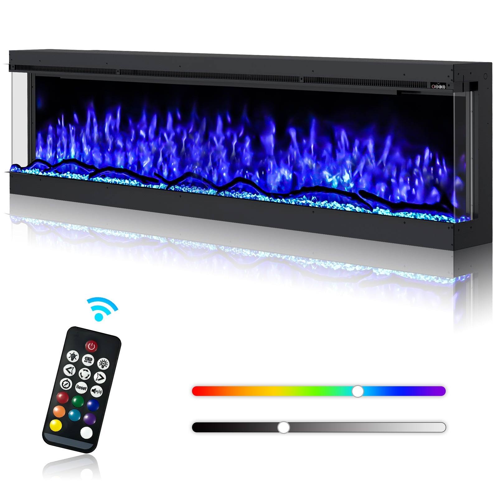 Inserts 3-Sided Electric Fireplace 60-inch Long Modern Eletric Fire Place Space Heater for Indoor Living Room Bedroom Use, Realistic Led Flame Color with Remote Control, Log & Crystals, Black