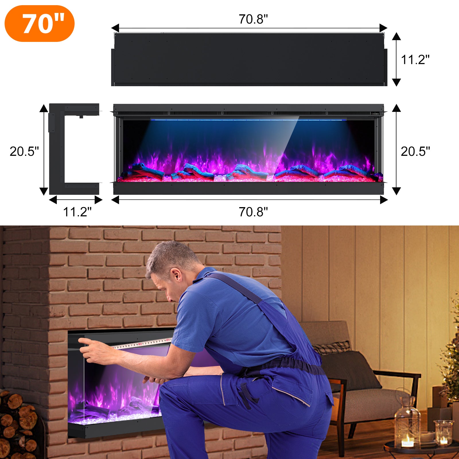 Recessed 3-Sided Electric Fireplace, 70-inch Smart WiFi 251 Flame Colors Combination Inserts Eletric Fire Place Heater for Living Room Indoor Use with Remote Control, Log & Crystals, Black