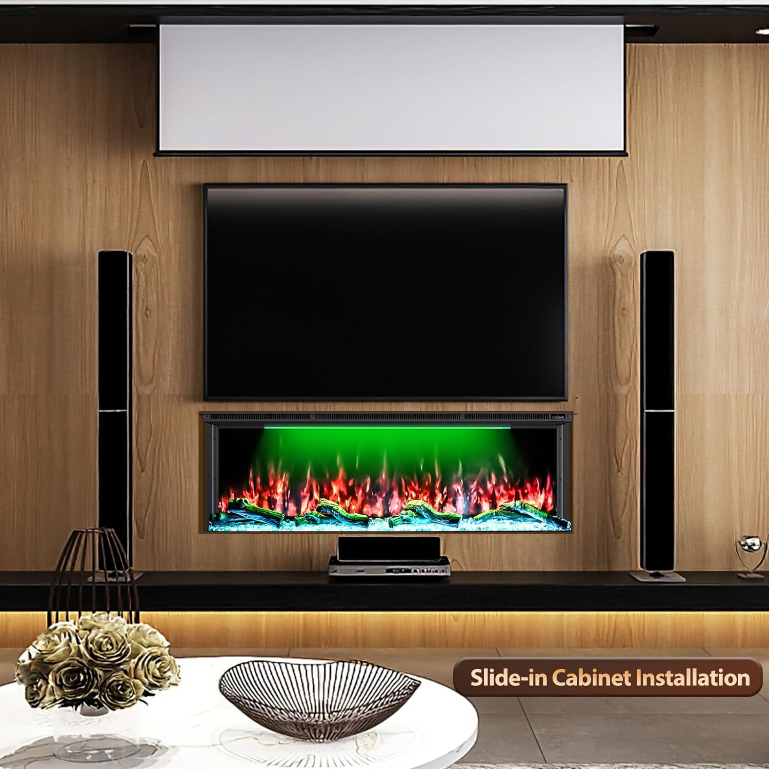 Recessed 3-Sided Electric Fireplace, 50-inch Smart WiFi 251 Flame Colors Combination Inserts Eletric Fire Place Heater for Living Room Indoor Use with Remote Control, Log & Crystals, Black
