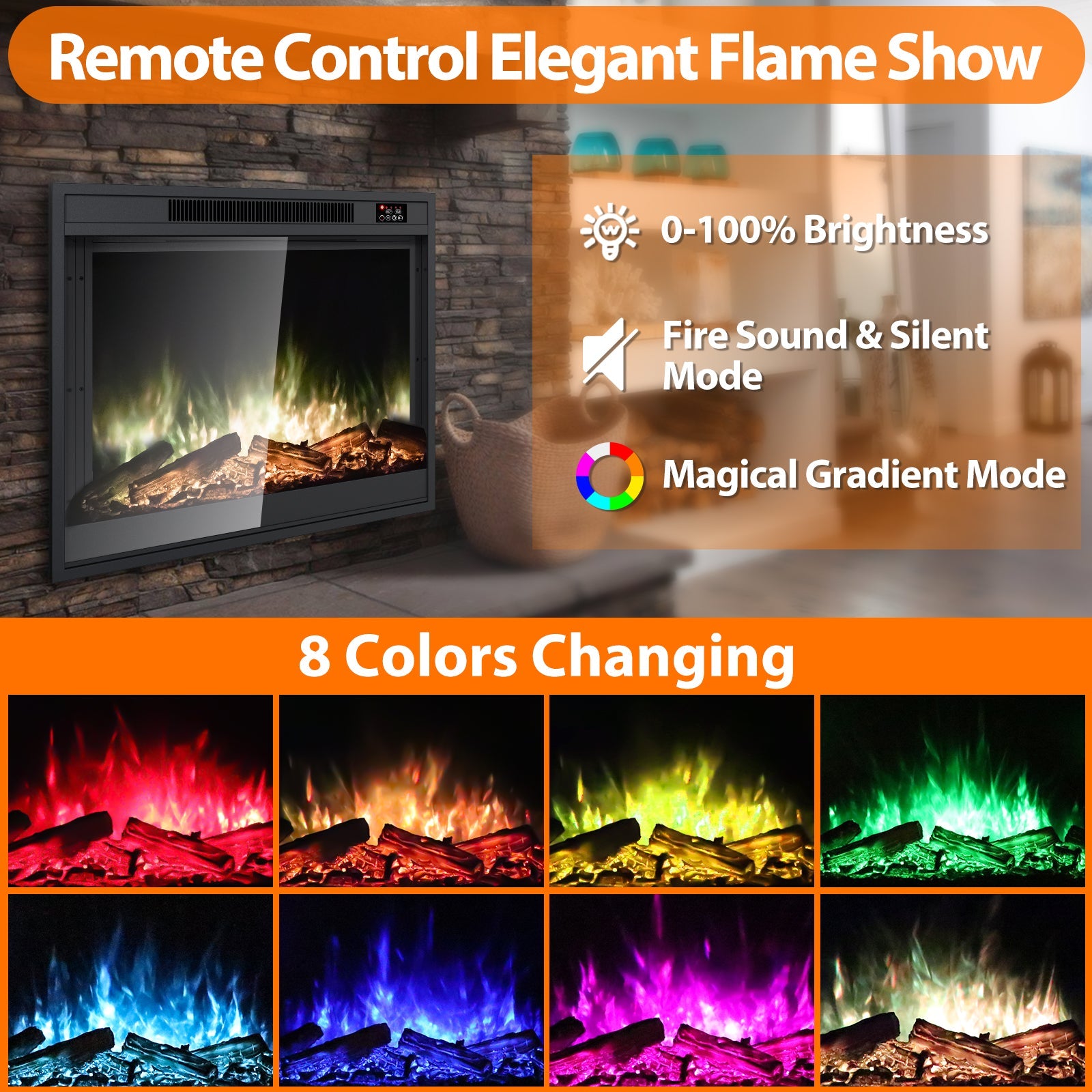 Electric Fireplace Inserts 33-inch Fire Place Eletric Fireplace Heater, Realistic LED Flame with Infrared Remote Control and Logs for Existing Living Space Room, Black