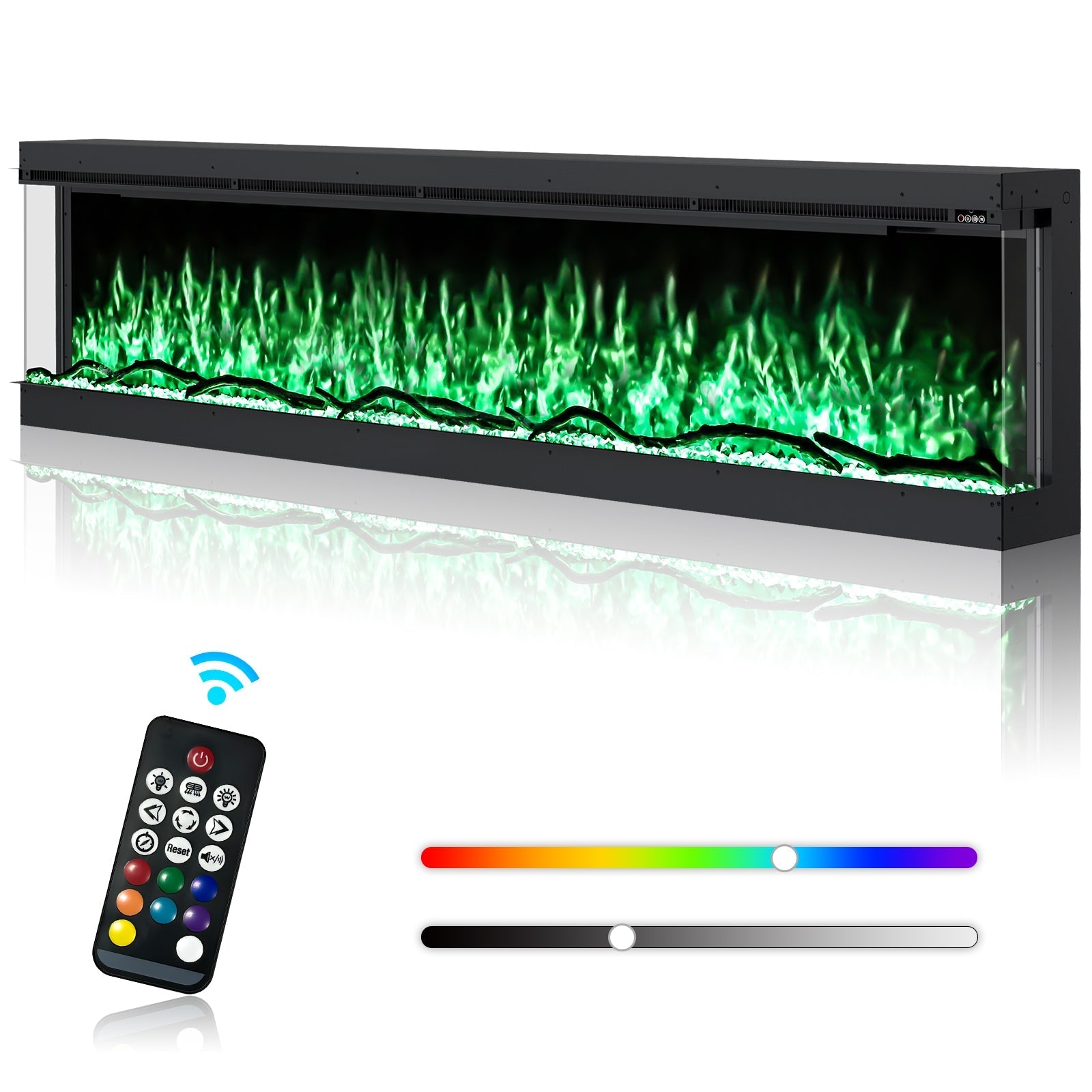 Inserts 3-Sided Electric Fireplace 70-inch Long Modern Eletric Fire Place Space Heater for Indoor Living Room Bedroom Use, Realistic Led Flame Color with Remote Control, Log & Crystals, Black