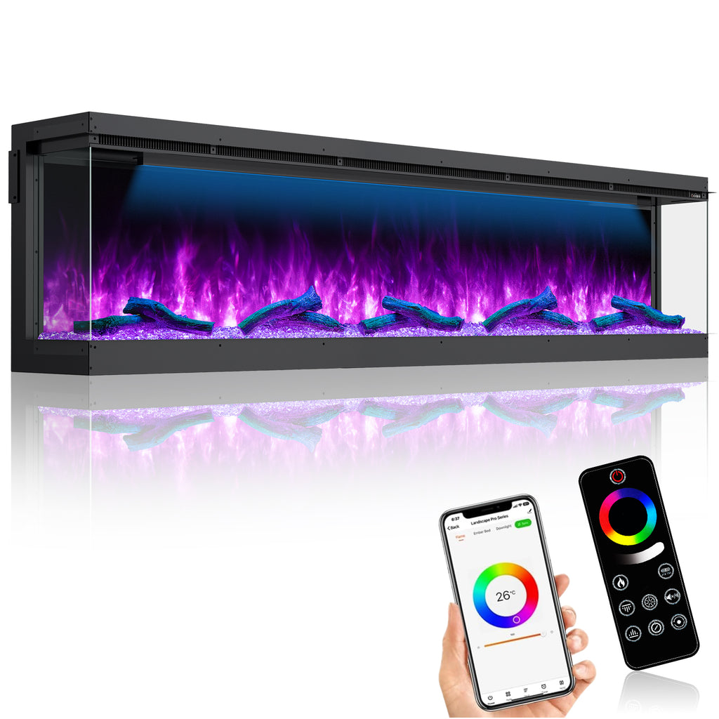 Recessed 3-Sided Electric Fireplace, 60-inch Smart WiFi 251 Flame Colors Combination Inserts Eletric Fire Place Heater for Living Room Indoor Use with Remote Control, Log & Crystals, Black