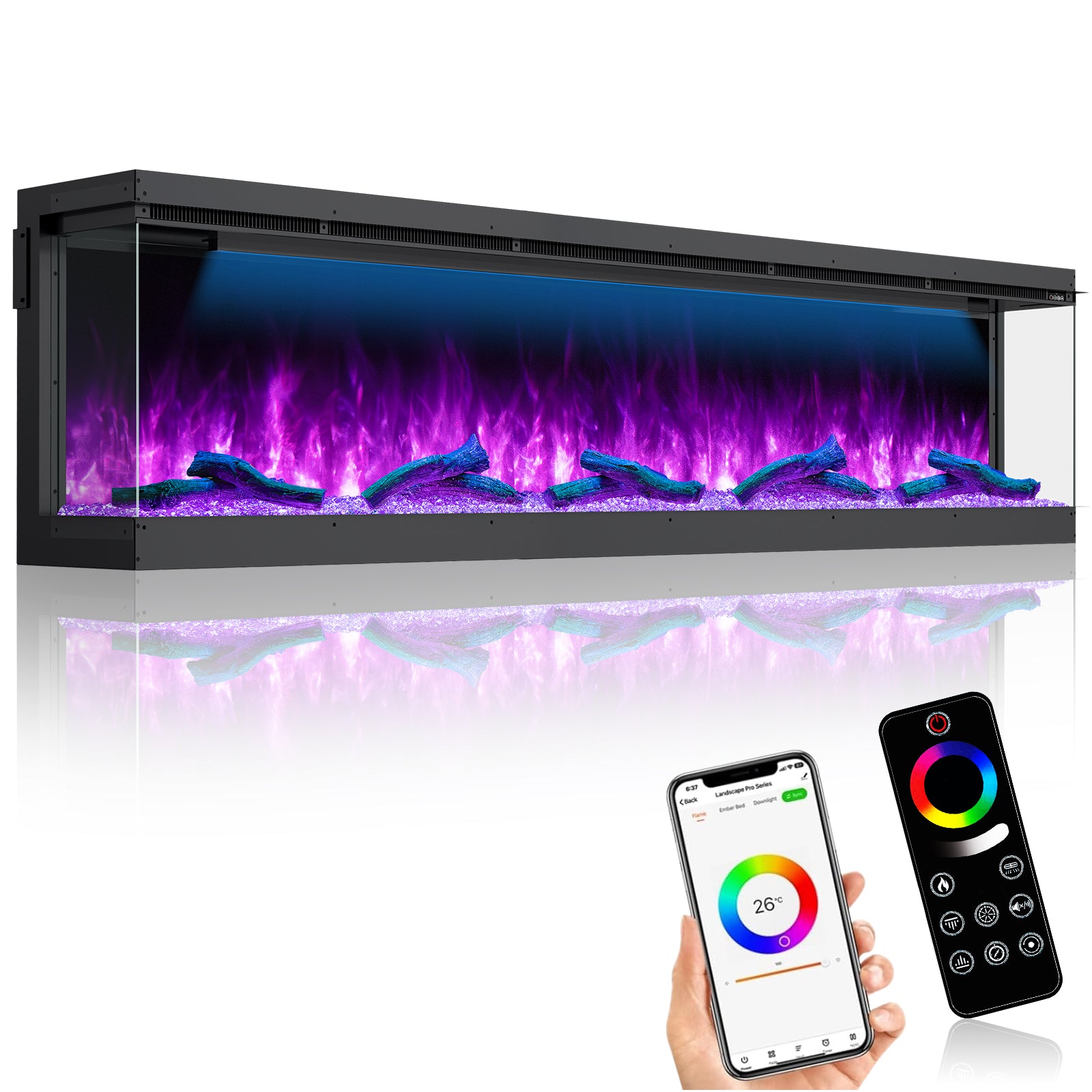 Recessed 3-Sided Electric Fireplace, 80-inch Smart WiFi 251 Flame Colors Combination Inserts Eletric Fire Place Heater for Living Room Indoor Use with Remote Control, Log & Crystals, Black