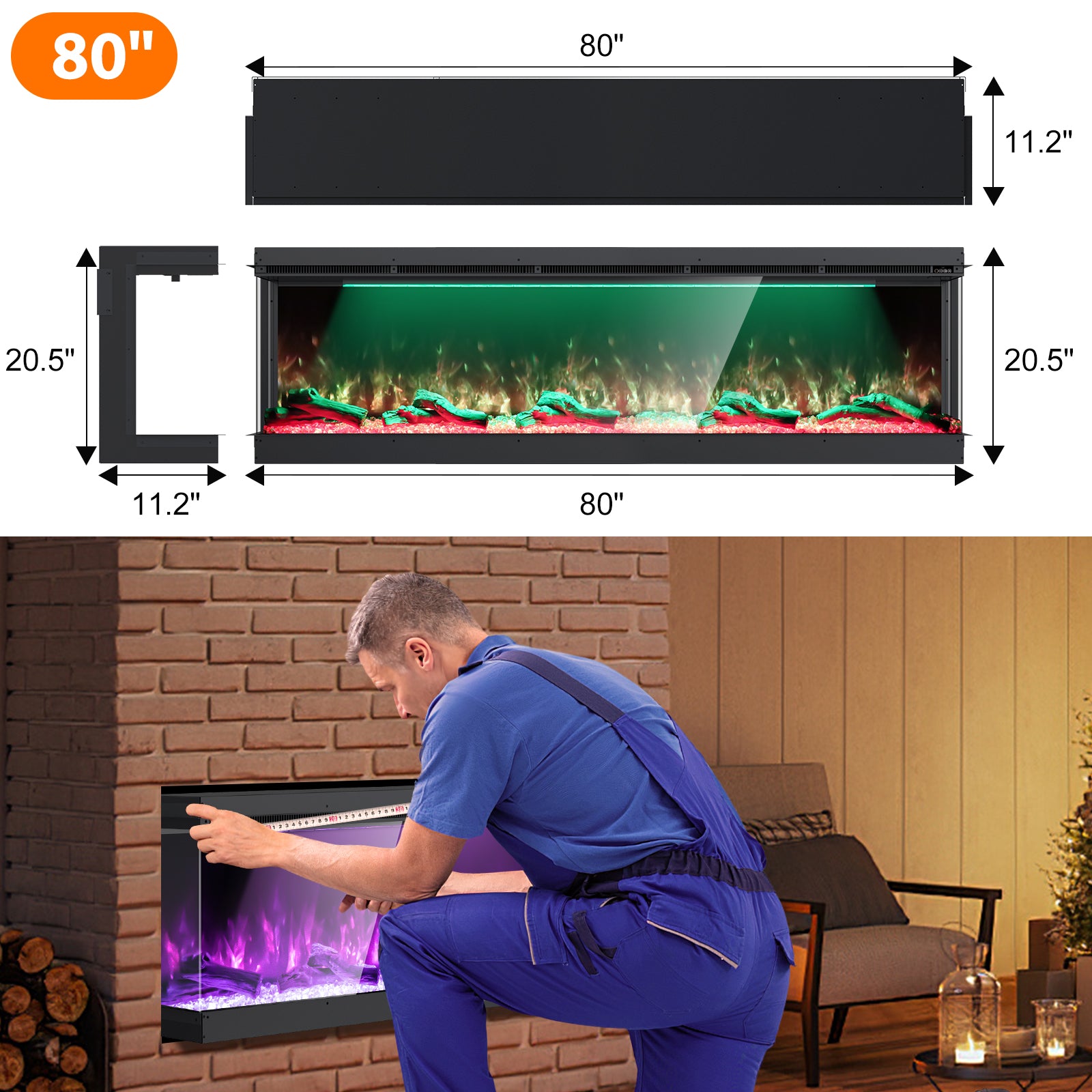 Recessed 3-Sided Electric Fireplace, 80-inch Smart WiFi 251 Flame Colors Combination Inserts Eletric Fire Place Heater for Living Room Indoor Use with Remote Control, Log & Crystals, Black