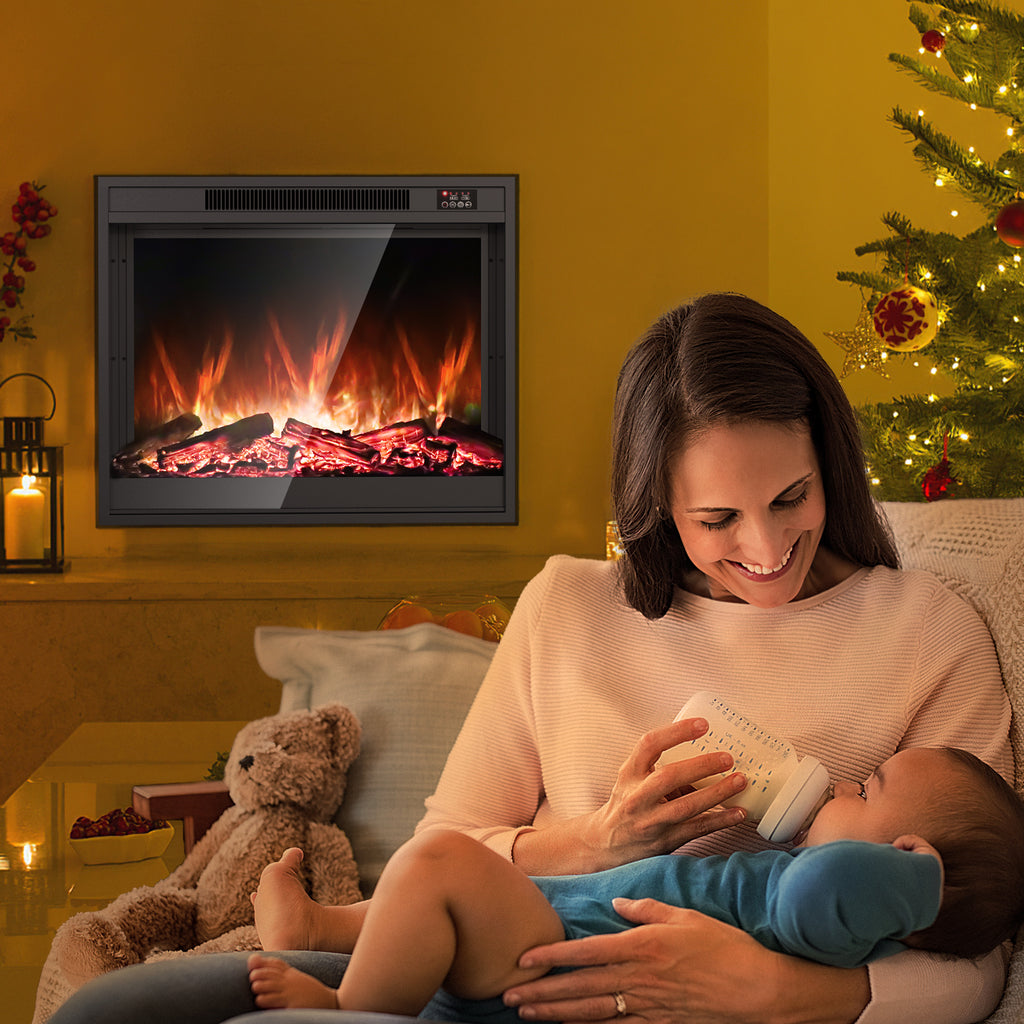 Electric Fireplace Inserts 24 inch Fire Place Eletric Fireplace Heater, Realistic LED Flame with Infrared Remote Control and Logs for Existing Living Space Room, Black