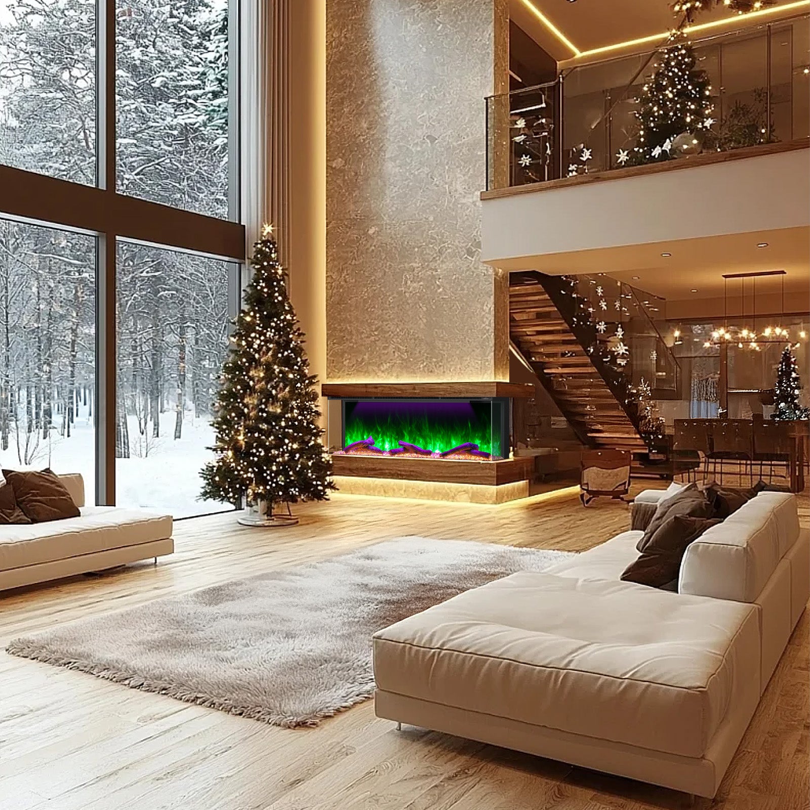 Recessed 3-Sided Electric Fireplace, 60-inch Smart WiFi 251 Flame Colors Combination Inserts Eletric Fire Place Heater for Living Room Indoor Use with Remote Control, Log & Crystals, Black