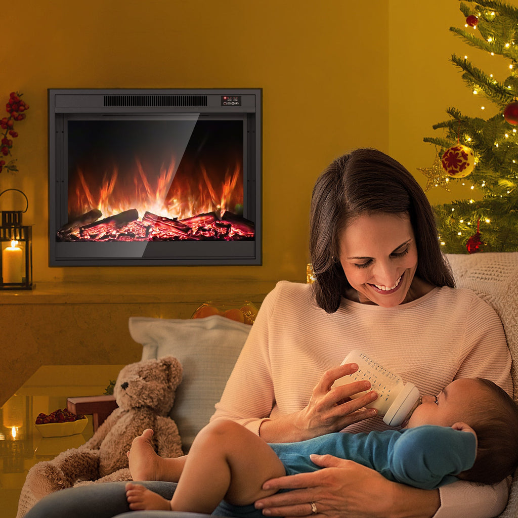 Electric Fireplace Inserts 33-inch Fire Place Eletric Fireplace Heater, Realistic LED Flame with Infrared Remote Control and Logs for Existing Living Space Room, Black