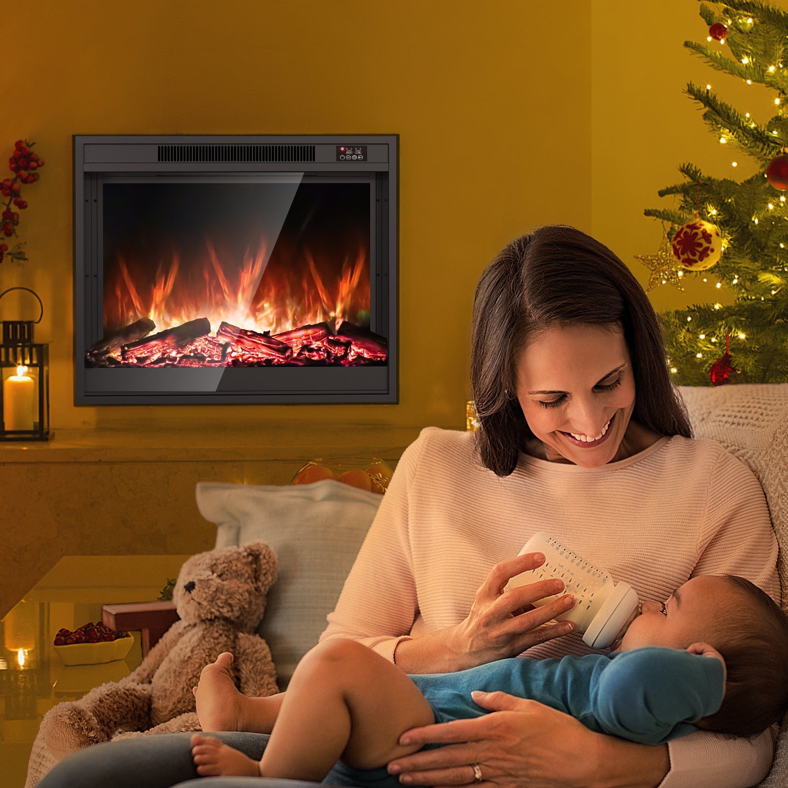 Electric Fireplace Inserts 33-inch Fire Place Eletric Fireplace Heater, Realistic LED Flame with Infrared Remote Control and Logs for Existing Living Space Room, Black