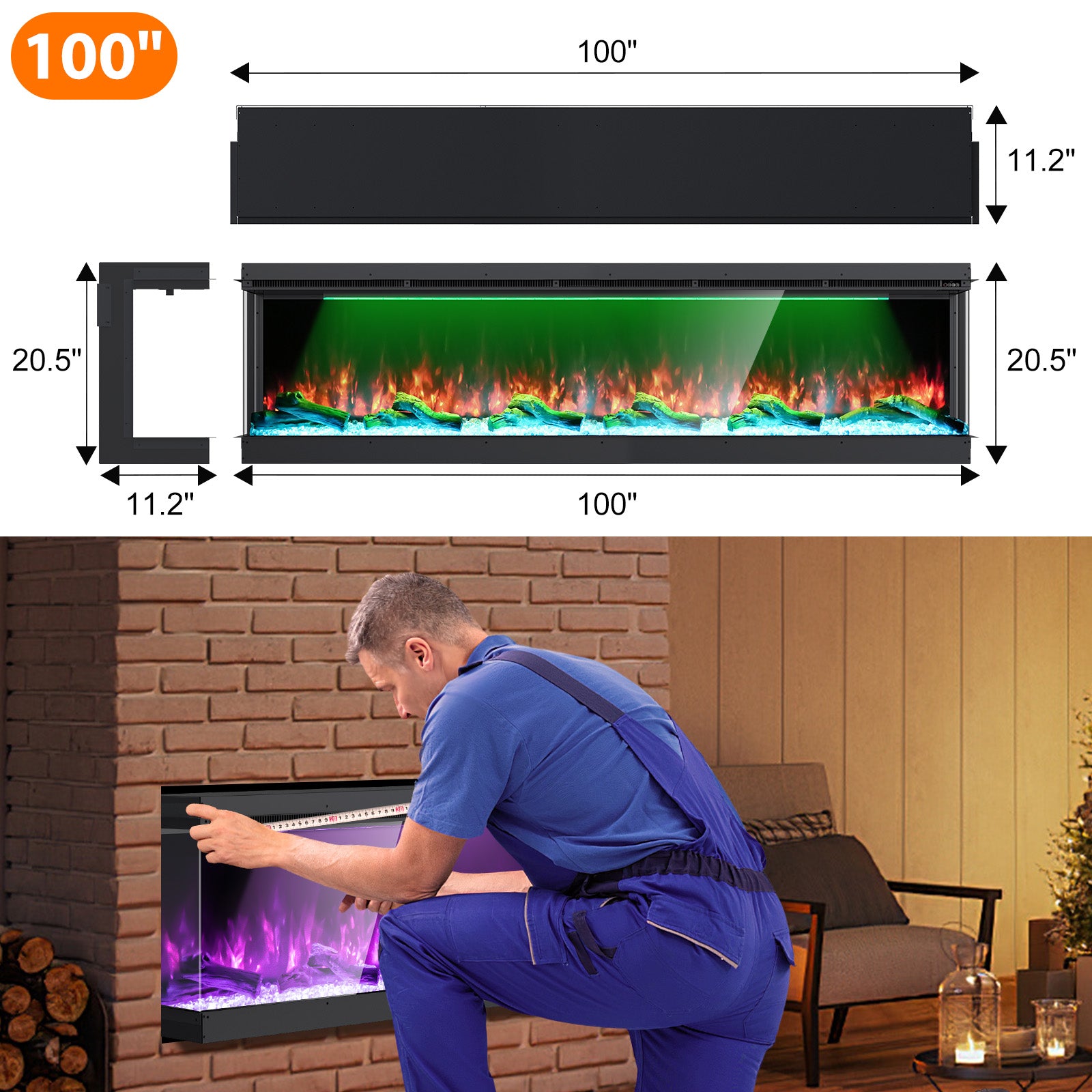Recessed 3-Sided Electric Fireplace, 100-inch Smart WiFi 251 Flame Colors Combination Inserts Eletric Fire Place Heater for Living Room Indoor Use with Remote Control, Log & Crystals, Black