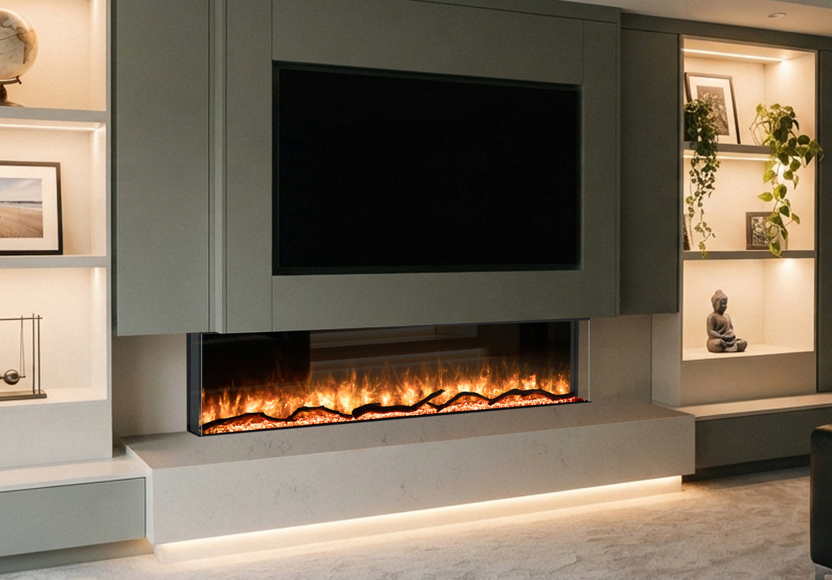 Inserts 3-Sided Electric Fireplace 70-inch Long Modern Eletric Fire Place Space Heater for Indoor Living Room Bedroom Use, Realistic Led Flame Color with Remote Control, Log & Crystals, Black
