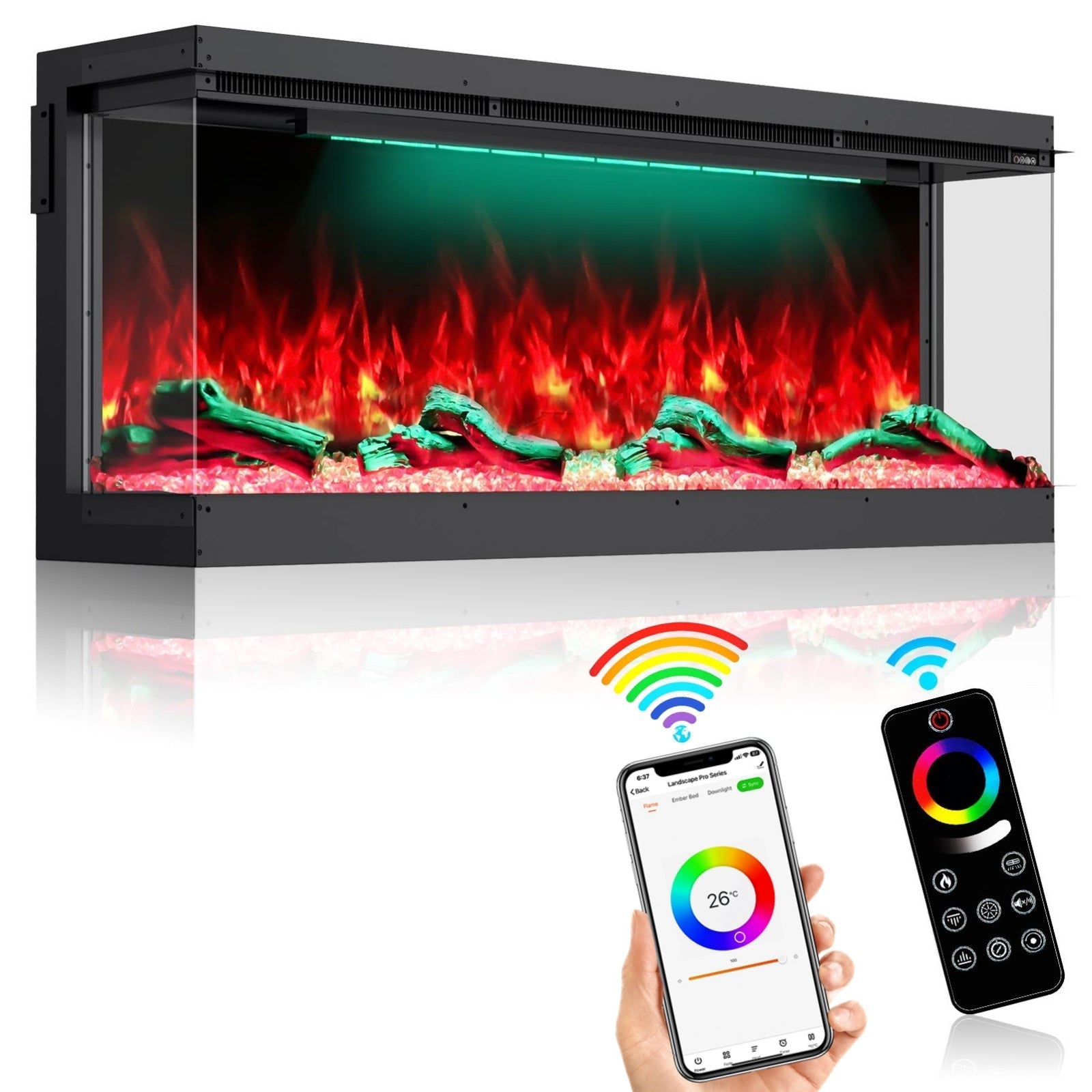 Recessed 3-Sided Electric Fireplace, 60-inch Smart WiFi 251 Flame Colors Combination Inserts Eletric Fire Place Heater for Living Room Indoor Use with Remote Control, Log & Crystals, Black