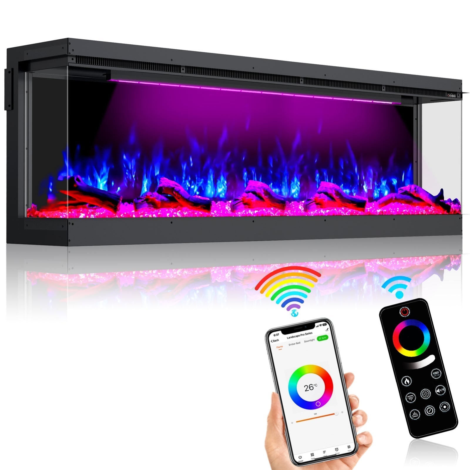 Recessed 3-Sided Electric Fireplace, 60-inch Smart WiFi 251 Flame Colors Combination Inserts Eletric Fire Place Heater for Living Room Indoor Use with Remote Control, Log & Crystals, Black