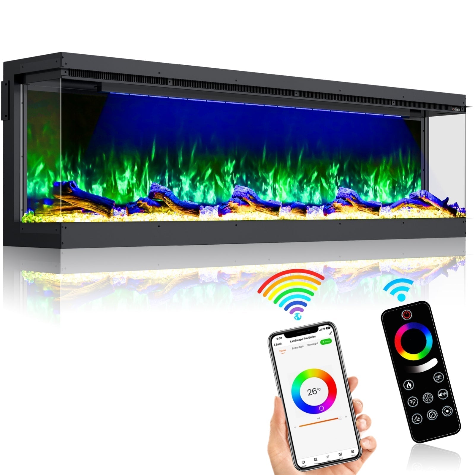 Recessed 3-Sided Electric Fireplace, 50-inch Smart WiFi 251 Flame Colors Combination Inserts Eletric Fire Place Heater for Living Room Indoor Use with Remote Control, Log & Crystals, Black