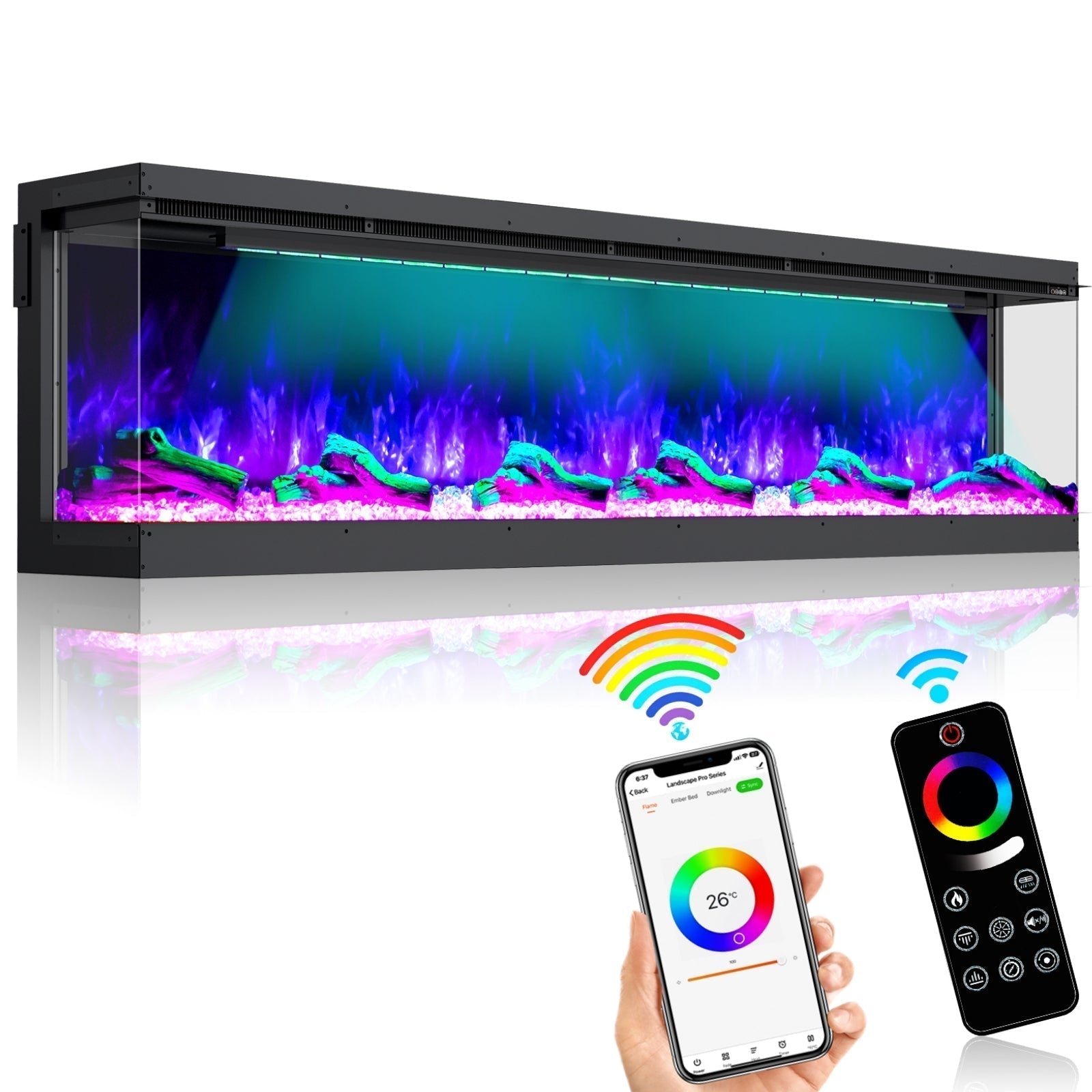 Recessed 3-Sided Electric Fireplace, 100-inch Smart WiFi 251 Flame Colors Combination Inserts Eletric Fire Place Heater for Living Room Indoor Use with Remote Control, Log & Crystals, Black