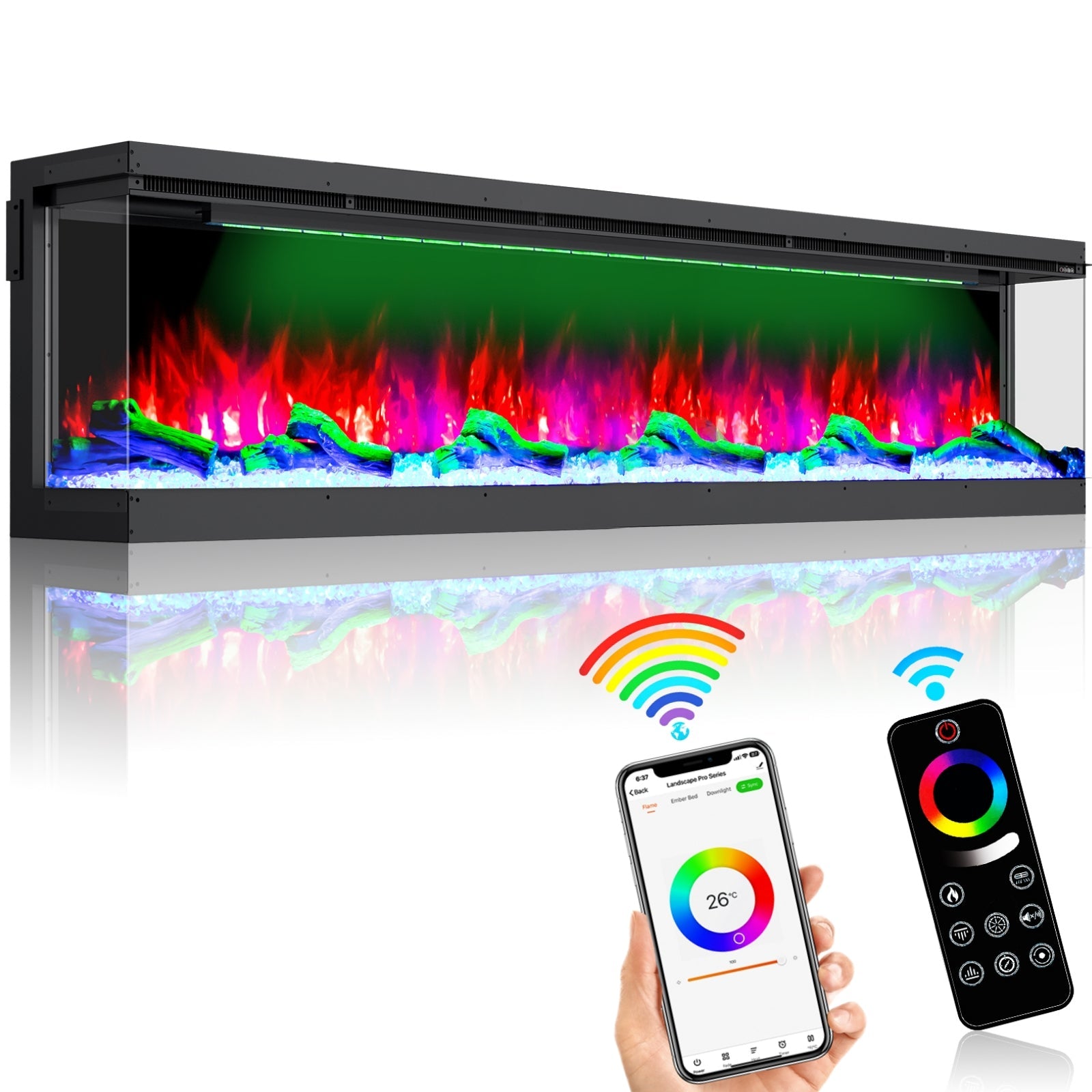 Recessed 3-Sided Electric Fireplace, 70-inch Smart WiFi 251 Flame Colors Combination Inserts Eletric Fire Place Heater for Living Room Indoor Use with Remote Control, Log & Crystals, Black